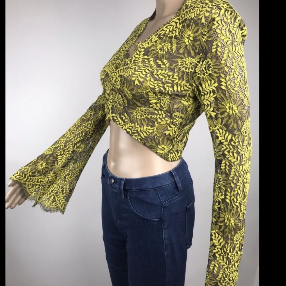 Intermix P Yellow Lace Long Bell Sleeve Crop Top